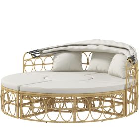 Outsunny Patio Furniture Set, Round Outdoor Daybed with Retractable Canopy, Hollow Wicker PE Rattan Sectional Sofa with Cushions for Pool, Lawn, Beige