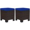 Outsunny 2 Pieces Wicker Outdoor Ottomans with Cushions, Rattan Ottoman Footrest & Side Table for Patio Yard Poolside, Dark Blue