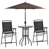 Outsunny Patio Bar Set 4 Piece Black for 2 Adjustable Tilt Umbrella Folding Chairs Glass Table