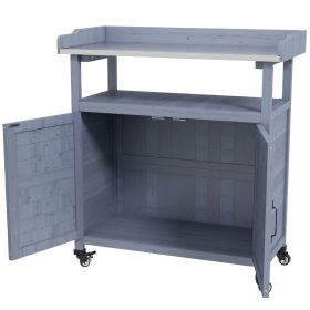 Outsunny Outdoor Potting Bench with Storage Cabinet Aluminum Tabletop Rubber Wheels for Patio Backyard Balcony Gray