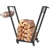 Outsunny Firewood Rack with Wheels, Metal Log Holder with Kindling and Tool Hooks, Indoor/Outdoor, 31.1" x 11.8" x 31.9", Black