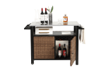 Outdoor Kitchen Wicker Island Rolling Cart & Storage Cabinet, Wheels and Stainless Steel Extended Table Top, Side Handle for Patio Kitchen or Bar Cart