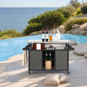 Large bar cart,Outdoor Kitchen Wicker Island Rolling Cart & Storage Cabinet, Wheels and Stainless Steel Extended Table Top