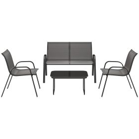 4 Pieces Outdoor Furniture Set with 2 Stackable Chairs, Loveseat, Patio Conversation Set with Glass Coffee Table, Black