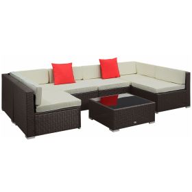 7 Pieces Patio Sofa Outdoor Wicker Sectional Patio Furniture, Dark Brown & Beige