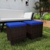 Outsunny 2 Pieces Wicker Outdoor Ottomans with Cushions, Rattan Ottoman Footrest & Side Table for Patio Yard Poolside, Dark Blue