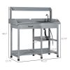 Outsunny Wooden Potting Bench Table Gray with Removable Sink Hose Hook Up Drawer Shelves Hooks