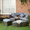Outsunny 4pc Rattan Patio Furniture Set, Convertible Round Daybed/Sunbed, Adjustable Sun Canopy, Sectional Sofa, 2 Chairs, Table