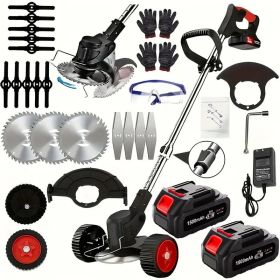 Cordless Electric Weed Wacker Portable Grass Trimmer with 3 Blade Types and 2 High Capacity Batteries Powerful Lawn Mower for Garden Yard Lawn Mainten (Color: Black)